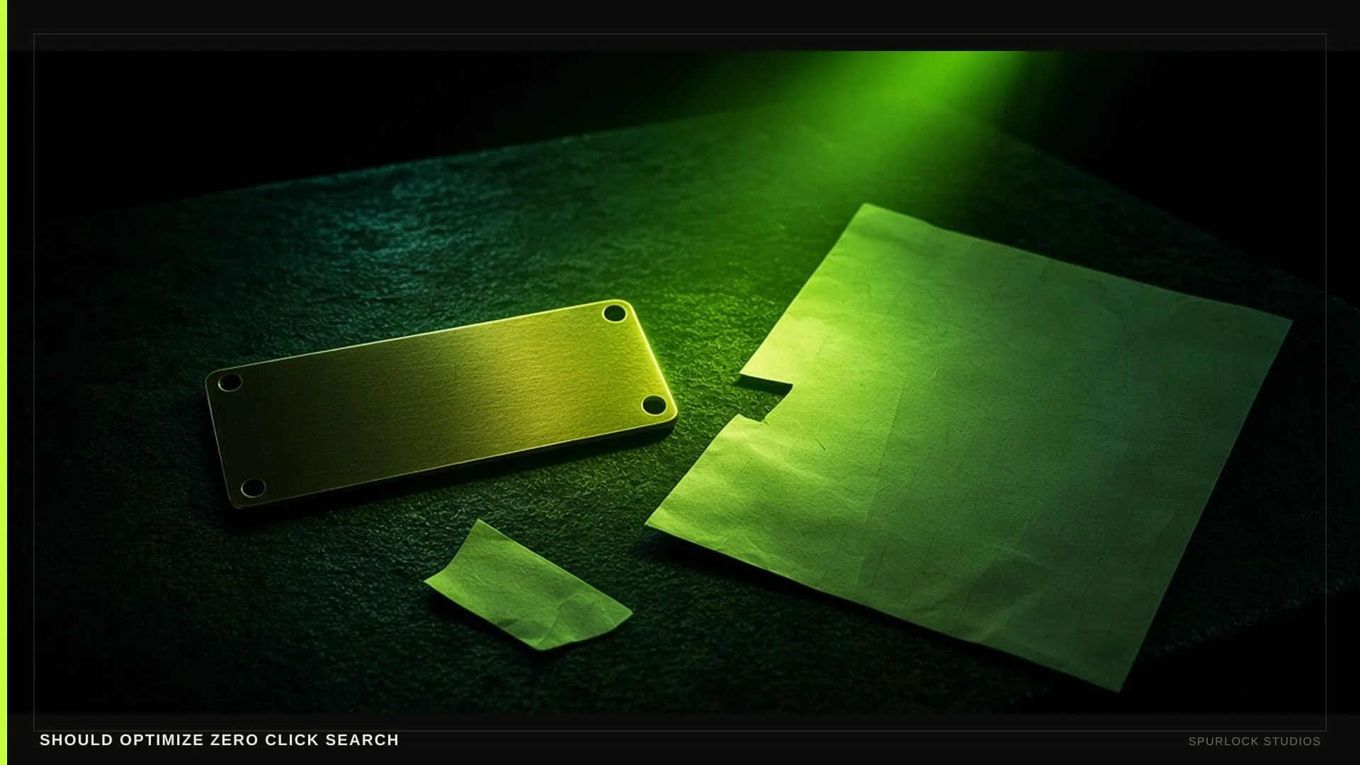 A lime beam hitting a small brass nameplate. Thesis: SHOULD OPTIMIZE ZERO CLICK SEARCH.